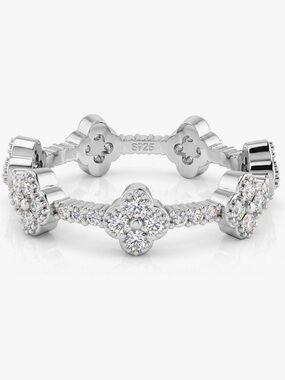 Sterling Silver CZ Clover Stackable Ring - Silver
